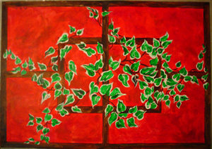 Varigated Ivy on Red - Floor Cloth, Varigated ivy on red