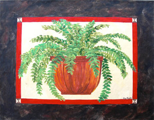 Floorcloth, Potted Fern in Tall Pot - Tall terracotta pot with full fern. Dark black/brown boarder with red trim. 34x26